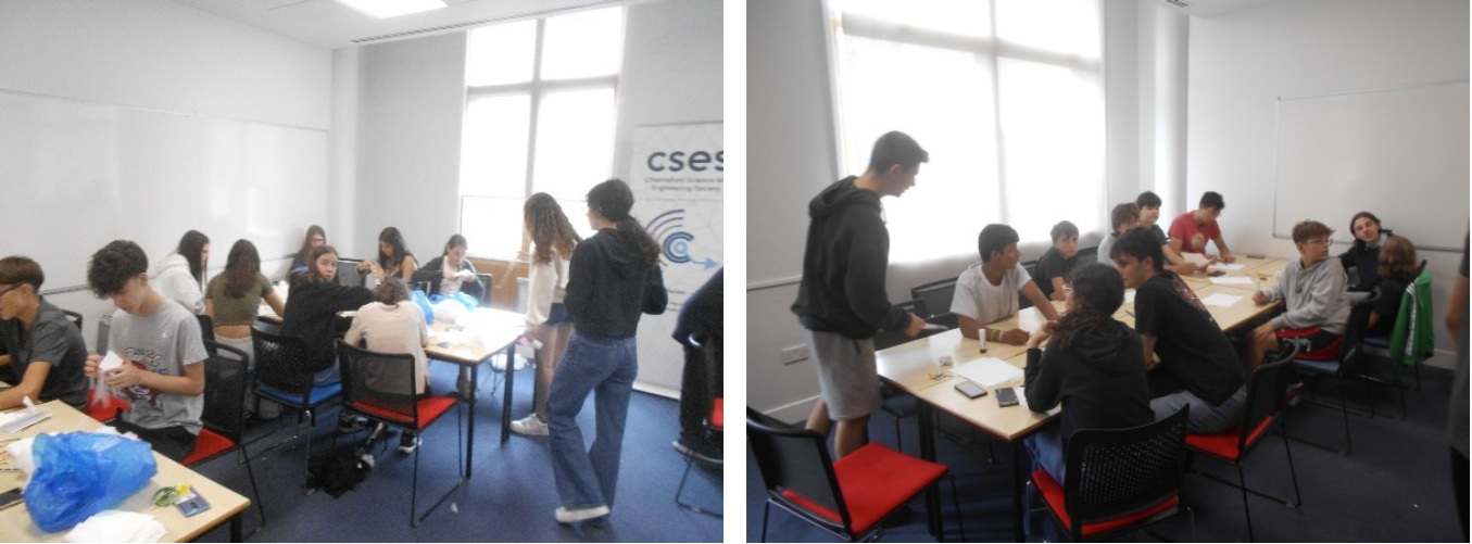 Two images of students at tables working with paper, card and other similar basic materials to design housing to protect an egg when dropped