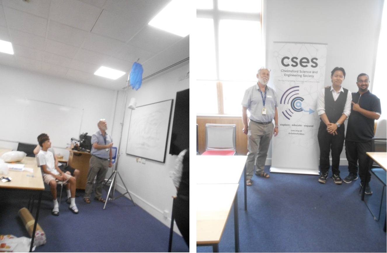 Two images: the first image shows a paper package with a plastic bag parachute being dropped from the ceiling while students look on; the second image shows David, Jayce and Zayeem next to the CSES banner