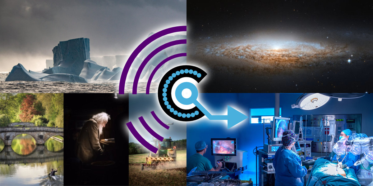 A montage of images including an iceberg, a galaxy, an operating theatre, a stone bridge reflected in water, a vignette of an elderly man and a combine harvester in a field, all overlaid with the CSES logo