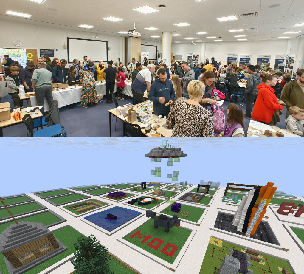Composite image of people visiting the CSES hands-on activity stand and the virtual Minecraft world showing people's sculptures